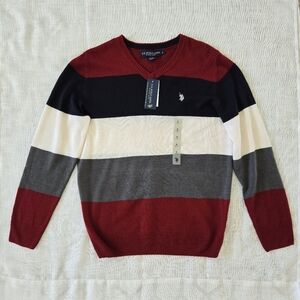 U.S. Polo Assn Men's V neck striped sweater Size S red blue white